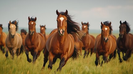 Obraz premium Herd of wild horses running through a grassy field under a cloudy sky.