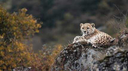 cheetah sitting on the rock in the forest