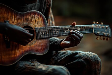 Obraz premium Hands playing an acoustic guitar. Generative AI