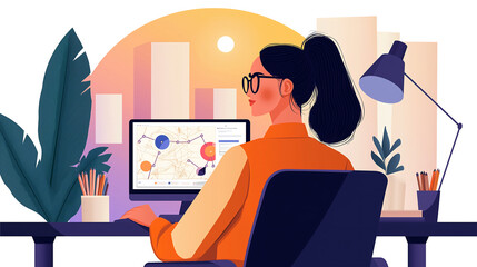 In a modern office, a woman blockchain developer engages with intricate cryptocurrency visualizations, exploring floating transaction flows and vibrant network maps
