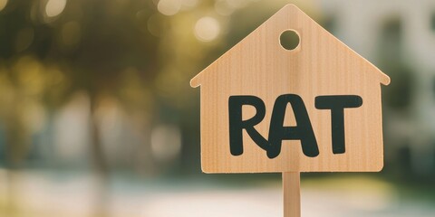 Wooden rat house sign with clear lettering and blurred background.