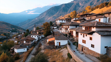 Mountain village landscape with traditional stone houses and a church, nestled in a valley surrounded by rugged mountain peaks during sunset