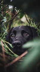 black puppy dog peaking out of grass in the woods