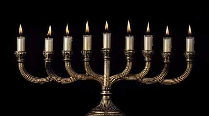 A menorah with five lit candles on a black background