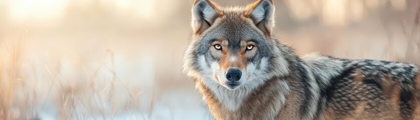 Fototapeta premium Close-up of a wolf in a winter landscape, showcasing its intense gaze and fur details.