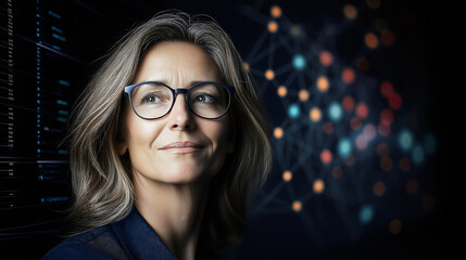 The cybersecurity expert engages with abstract data visualizations and dynamic network maps, concentrating on security interfaces in her smart casual attire