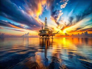Stunning Long Exposure of an Oil Well Drilling Platform at Sunset Over Calm Sea Waters, Capturing the Tranquil Beauty of Marine Operations and Nature's Splendor