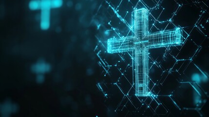 A glowing blue digital cross on a dark background with a futuristic digital pattern and other crosses in the background.