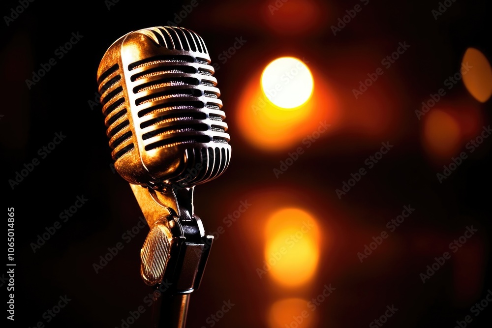 Poster a close-up shot of a microphone with colorful lights shining in the background, suitable for music-r