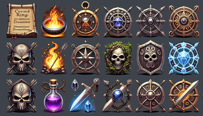 Assortment of shields enchanted crystals fire and skulls for RPG and fantasy designs