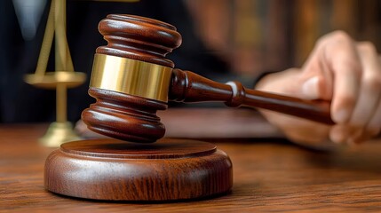 Close-up of lawyer hand holding gavel, symbol of justice, wooden desk, legal books in background