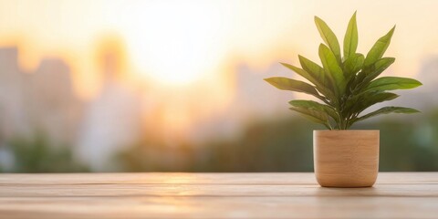 Fototapeta premium A potted plant on a wooden table with a soft sunset background.