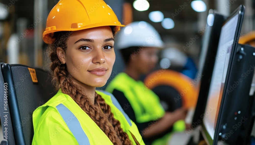 Poster confident female engineer in hard hat using computer in modern factory. industrial automation.