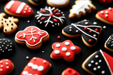 Red and black Christmas cookies in festive shapes on a decorated table, 3D illustration