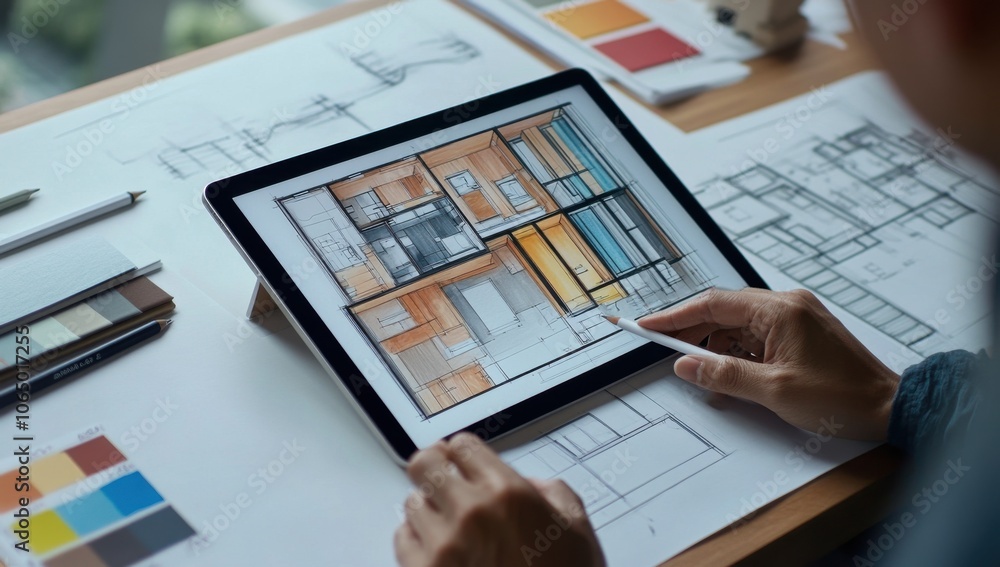 Aufkleber An architect using a tablet to draw an interior design on a digital drawing board, with color swatches and blueprints surrounding it.