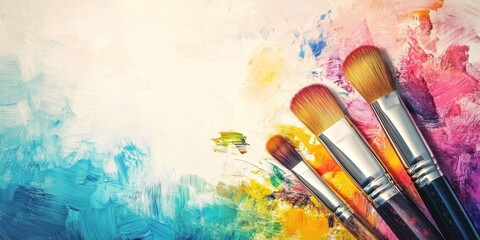 Fototapeta premium Artistic paintbrushes on a colorful paint background, vibrant and inspiring.