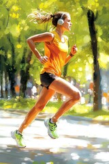 Illustration of a woman in her 20s jogging through an urban park on a sunny morning, wearing bright athletic wear and headphones. 