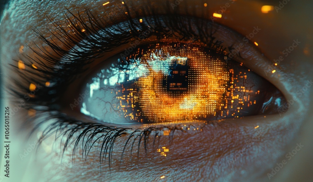 Poster a close-up of a human eye with a digital grid reflected in the pupil