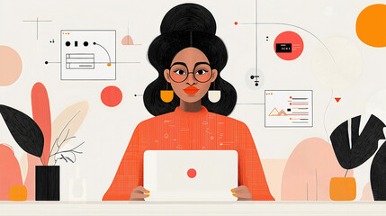 A woman with glasses and a stylish hairstyle focuses on configuring smart home systems in a contemporary tech lab while surrounded by floating device icons and network diagrams