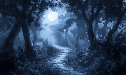 A narrow path winds through a misty forest, softly lit by the moonlight, as fog envelops the tall trees, creating a mysterious and tranquil nighttime environment