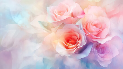 Fototapeta premium Soft pink and white roses in dreamy, pastel background create serene and romantic atmosphere.
