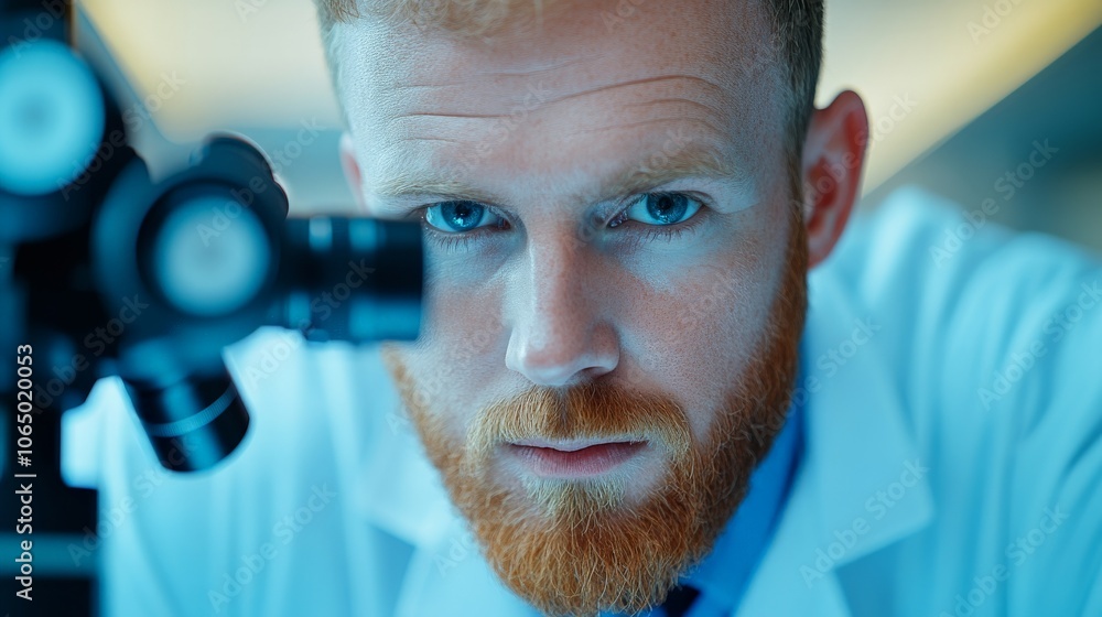 Poster focused on discovery: a close-up of a scientist peering intently through a microscope.