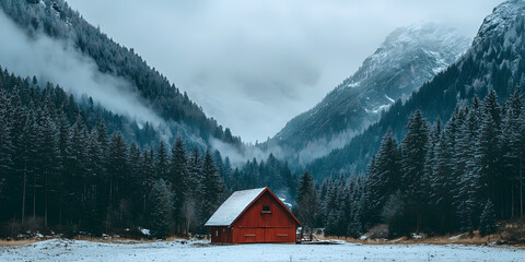 Serene snowy landscape with red cabin