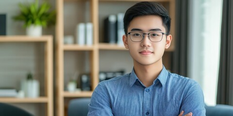 Confident young man in a stylish shirt posing in a modern office environment.