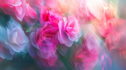 Obraz premium Soft pink and blue abstract floral background with blurred roses, creating dreamy atmosphere.