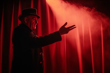 Dramatic silhouette of a man on stage in vintage attire, illuminated by red light against a theatrical curtain.