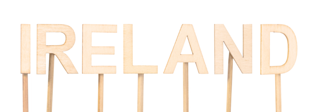 Wooden letters on sticks spelling Ireland, perfect for cultural decorations. Countries of the world.
