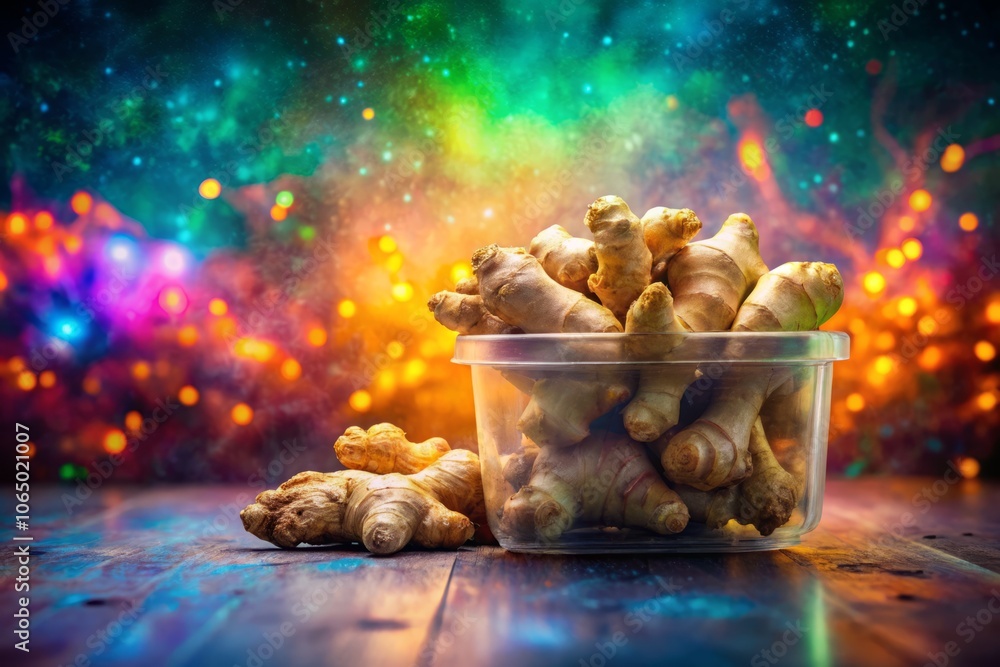 Poster surreal composition of fresh ginger in a small plastic container against a dreamy background with vi
