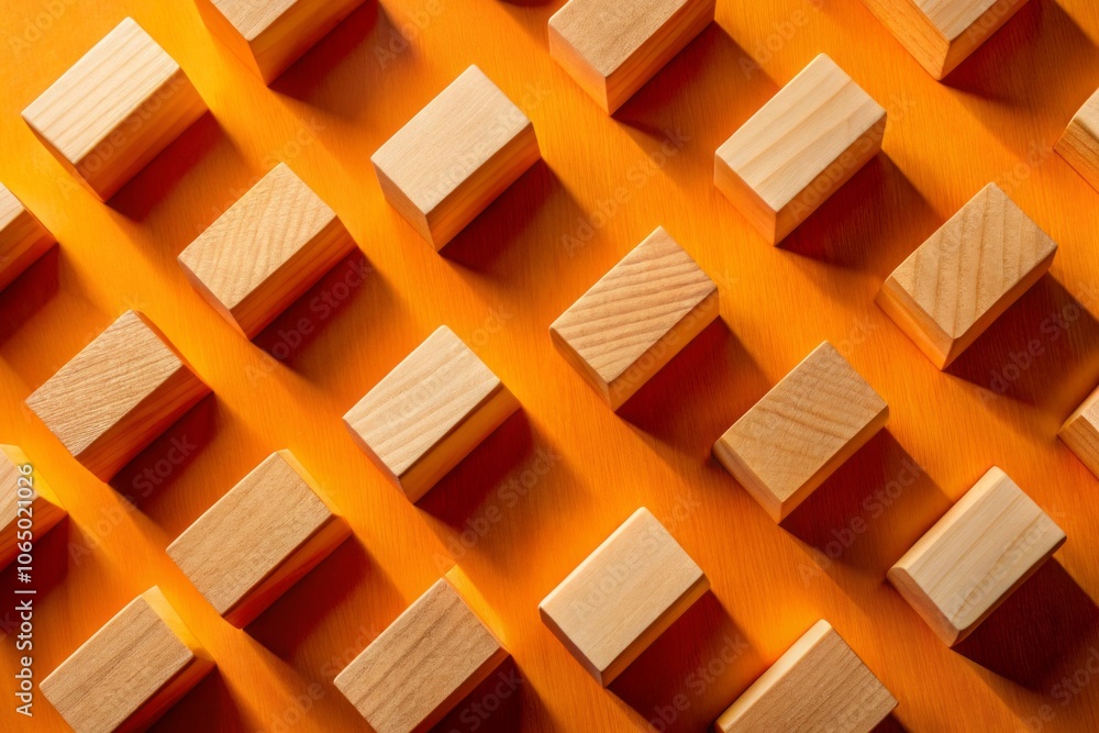 Poster surreal composition of wooden blocks arranged in a diagonal pattern against a vibrant orange backgro