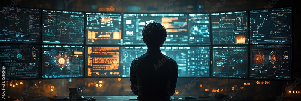 Poster A Silhouette of a Person Looking at Multiple Screens Filled with Data and Graphs