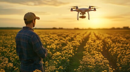 Fototapeta premium Drone flies over a field of yellow flowering crops at sunset with a farmer observing in the foreground