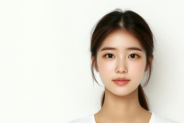 A young East Asian woman with long dark hair, wearing a white shirt and looking directly at the camera with a neutral expression