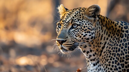 Obraz premium A majestic leopard gazing intently in a sunlit savannah, highlighting its striking spotted coat and fierce expression.