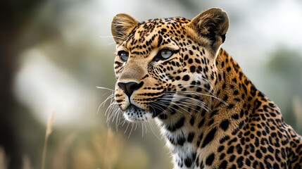 Fototapeta premium Majestic leopard gazing into the distance, showcasing its beautiful spotted coat and piercing eyes in a natural habitat.