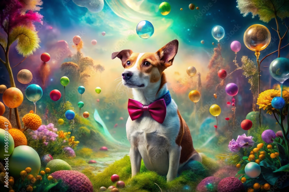 Poster surreal dog in a bow tie sitting elegantly in a dreamlike landscape with floating objects and whimsi