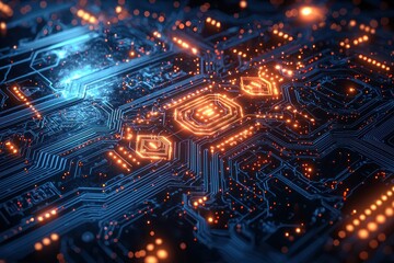 Obraz premium Glowing Circuit Board with Orange and Blue Light