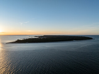 Hel beach in Poland. Sunset at sea and bay, Poland.Hel city. Aerial view of Hel Peninsula in...