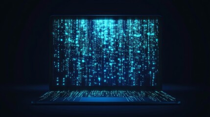 A laptop with a screen displaying a blue digital code rain effect, representing data flow and the digital world.