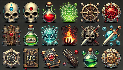 Alchemy potions fire elements magical gems and skull icons for fantasy RPG