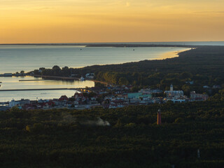 Hel beach in Poland. Sunset at sea and bay, Poland.Hel city. Aerial view of Hel Peninsula in...