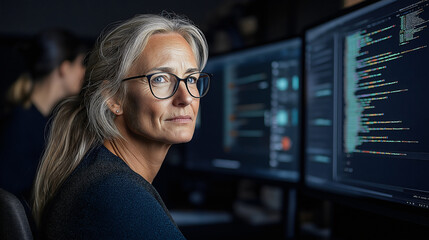 A women-led hackathon team works intensively in a modern open workspace, surrounded by floating displays filled with code and prototypes, fostering creativity and collaboration