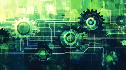 Fototapeta premium A green background with a lot of gears on it. The gears are all different sizes and are scattered throughout the image. Scene is one of complexity and intricacy, as the gears seem to be interlocking