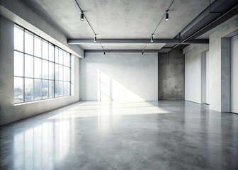 Fototapeta premium Minimalistic Interior of an Empty Room with Concrete Floor and White Textured Walls - Spacious Studio Mockup for Advertising Goods and Products in Surreal Photography Style