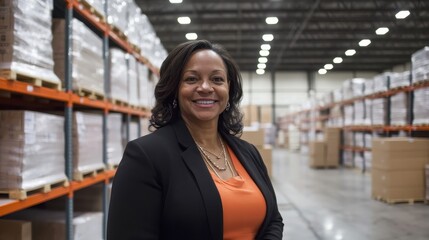 A professional woman smiles while overseeing an organized industrial warehouse with high ceilings