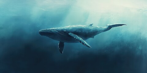 Fototapeta premium Humpback whale swimming gracefully in the ocean depths.