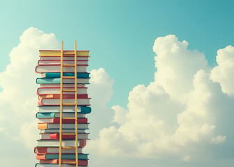 olorful ladder stretches towards a massive abstract book stack against a serene sky with fluffy white clouds serving as a backdrop for the scene